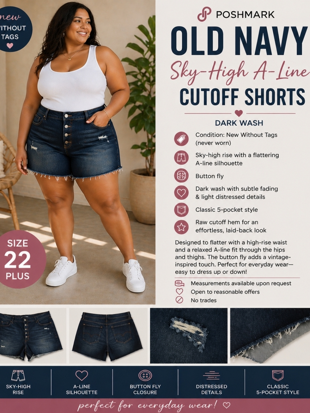 NWOT Old Navy Sky-High A-Line Cutoff Shorts Dark Wash Button Fly Size 22 Plus